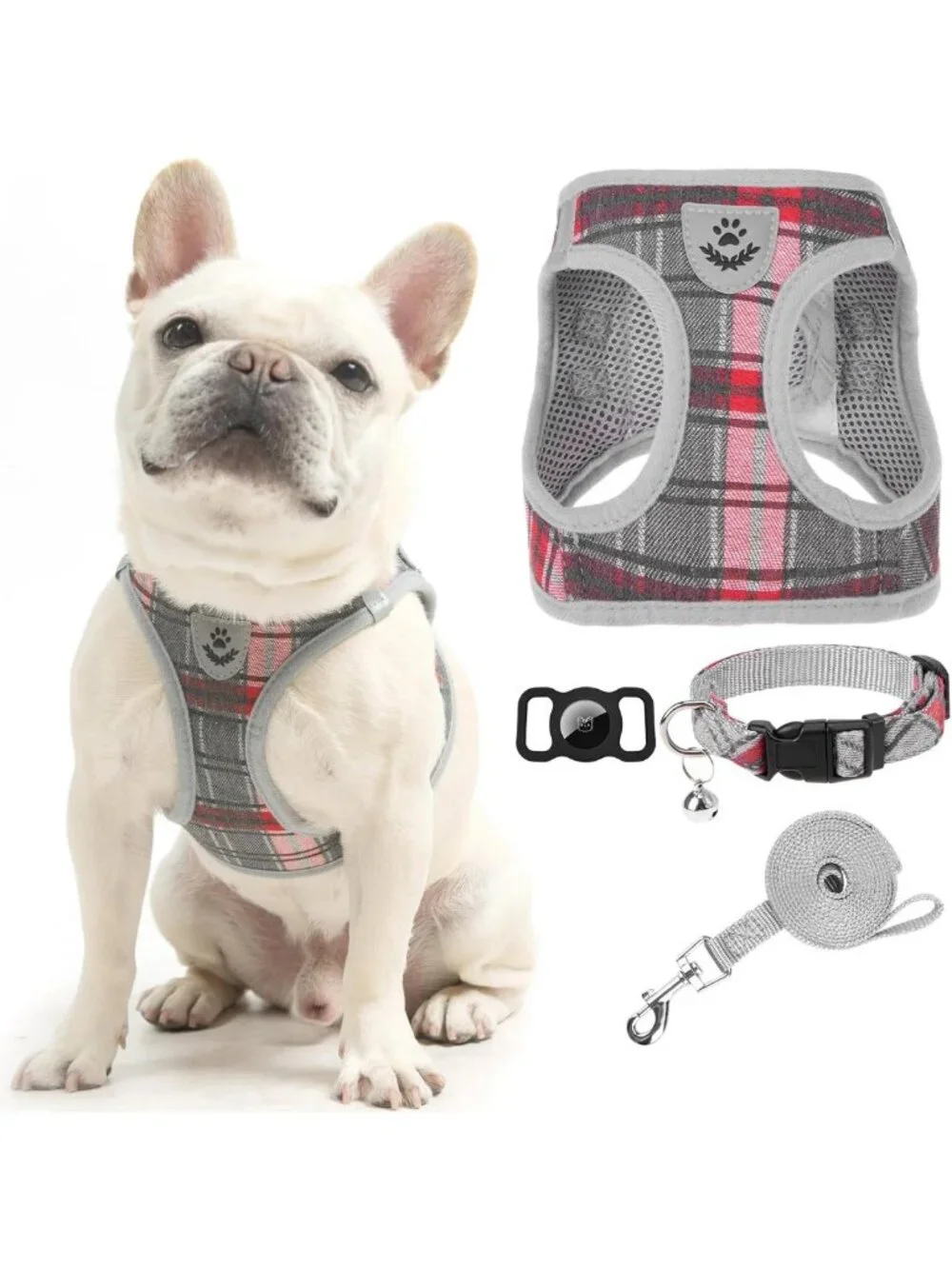 Soft Padded Plaid Dog Harness & Leash Set - No Pull, Reflective, AirTag Holder